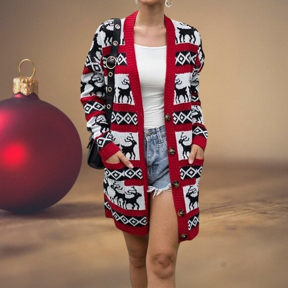 🎄V-Neck Button Down Oversized Christmas Reindeer Cardigan – Cotton Knit  Size M - Picture 1 of 6